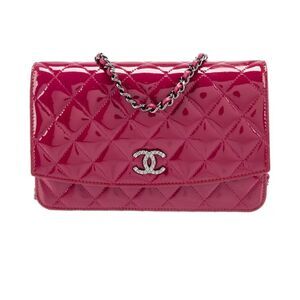 Auth Chanel Brilliant Pink Quilted Patent Leather Wallet on Chain (WOC) Clutch